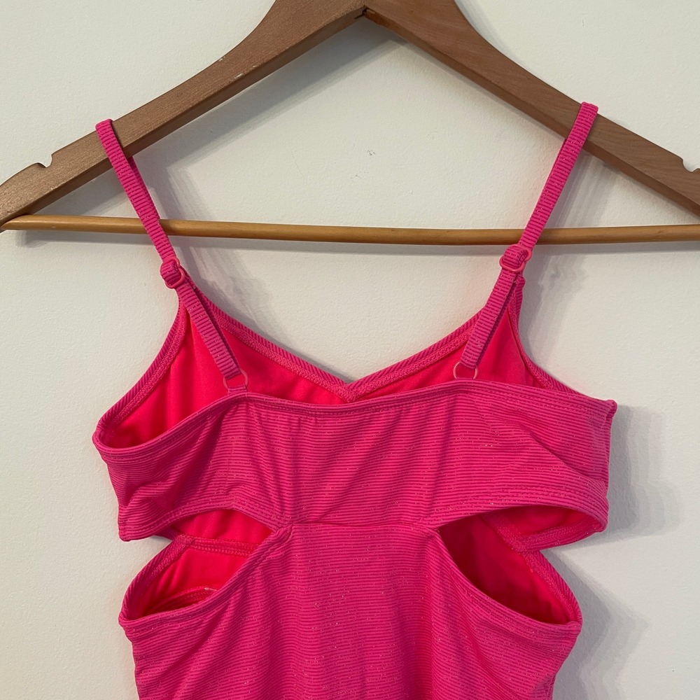 Art Class Girls Hot Pink Metallic Ribbed Cutout One Piece Swimsuit XL 14 barbie - Picture 2 of 9